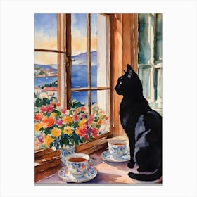 Black Cat by The Window Gazing at The Italian Riviera - Traditional Watercolor Art Print Kitty Travels Home and Room Wall Art Cool Decor Klimt and Matisse Inspired Modern Abstract Flowers Awesome Cool Unique Pagan Witchy Witches Familiar Gift For Cats Lady Animal Lovers World Travelling Genuine Works by British Watercolour Artist Lyra O'Brien Canvas Print