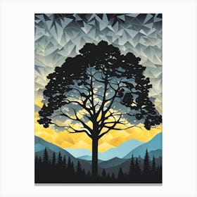 Tree In The Mountains, geometric vector art, Forest, sunset,   Forest bathed in the warm glow of the setting sun, forest sunset illustration, forest at sunset, sunset forest vector art, sunset, forest painting,dark forest, landscape painting, nature vector art, Forest Sunset art, trees, pines, spruces, and firs, black, blue and yellow Canvas Print
