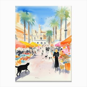 Food Market With Cats In Malaga 3 Watercolour Canvas Print