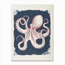 Red & Blue Octopus Retro Linocut Inspired 8 Canvas Print