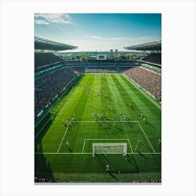 A Dynamic Aerial View Of A World Championship Soccer Match Showcasing Powerful Team Play On The Pri Canvas Print