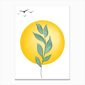 Mid Century Modern Minimalist Art Watercolor Painting Japanese Birds, Leaf and Yellow Sun Clean Lines Canvas Print