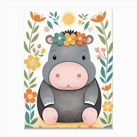 Floral Baby Hippo Nursery Illustration (26) Canvas Print