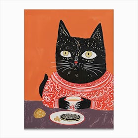 Black And Orange Cat Having Breakfast Folk Illustration 4 Canvas Print