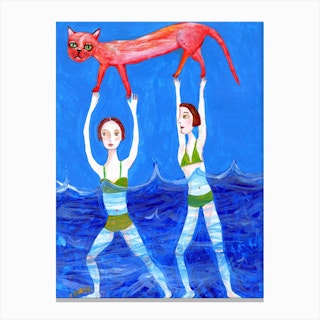 Swimming Girls With Red Cat Canvas Print