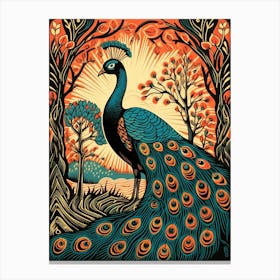 Vintage Bird Linocut Peacock 2 Canvas Print