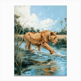 African Lion Relief Illustration Crossing A River 2 Canvas Print