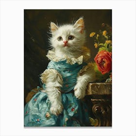 Cat In Blue Ruffled Dress Rococo Inspired 3 Canvas Print