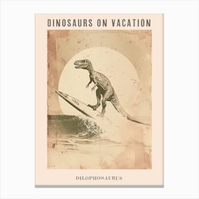 Vintage Dilophosaurus Dinosaur On A Surf Board 2 Poster Canvas Print
