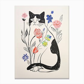 Cute Black And White Cat With Flowers Illustration 4 Canvas Print