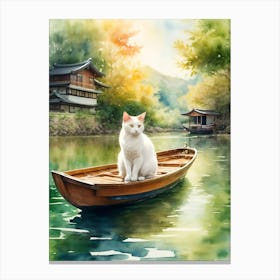 White Cat In A Boat Canvas Print