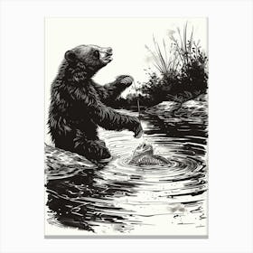 Malayan Sun Bear Catching Fish Ink Illustration 1 Canvas Print