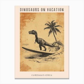 Vintage Compsognathus Dinosaur On A Surf Board 3 Poster Canvas Print