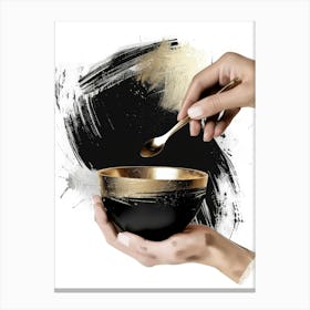 Gold And Black Bowl With Spoon Canvas Print