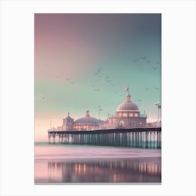 Fantasy Style Brighton Pier At Night Alternate Pink Galaxy Night Birds Canvas Print