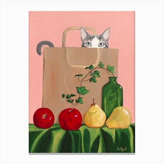 Cat In Paperbag With Apples And Pears Canvas Print