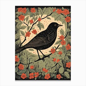 Vintage Bird Linocut Blackbird 1 Canvas Print