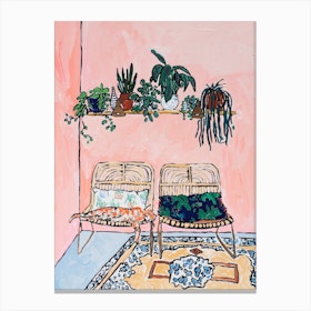 Interior With Napping Ginger Cat On Pink Canvas Print