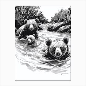 Malayan Sun Bear Family Swimming In A River Ink Illustration 1 Canvas Print