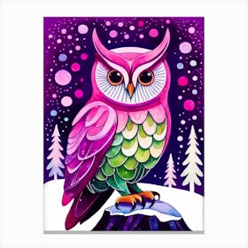 Pink Owl Snowy Landscape Painting (193) Canvas Print