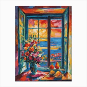 Matisse Inspired Open Window on the Riviera with Fruit Flowers Vibrant Rainbow of Colors Depicting Happiness Sunset Beauty Abstract HD Impressionism Mid Century High Resolution Canvas Print