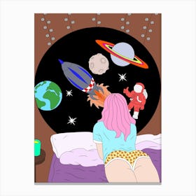 Girl Bed Space Planets Spaceship Rocket Astronaut Galaxy Universe Cosmos Woman Dream Imagination Bedroom Cartoon Canvas Print