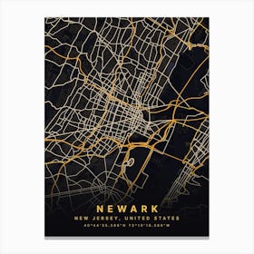 Newark New Jersey Black And Gold Map Canvas Print