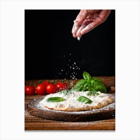 A Hand Stretching A Glistening Ball Of Pizza Dough Mid Action Flour Dusting In The Air From A Woode (3) Canvas Print