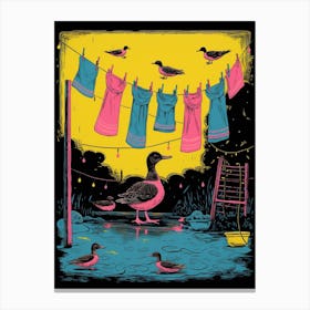 Duckling Linocut Inspired Under The Washing Line 1 Canvas Print