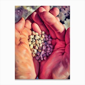 Seashells Hands Mediterranean. A close-up image showcases a dense collection of seashells scattered across a sandy surface. The shells are predominantly white and beige, with some exhibiting subtle shades of gray and brown. Their intricate patterns and textures are visible, highlighting the natural beauty of these marine treasures. Canvas Print