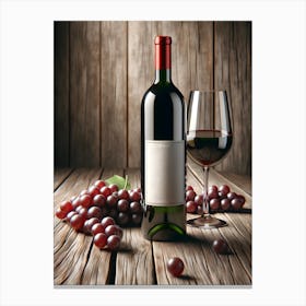 Wine Bottle, glass of red wine And Grapes On Wooden Background 2 Canvas Print