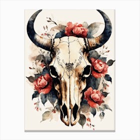 Vintage Boho Bull Skull Flowers Painting (64) Canvas Print