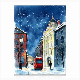 Winter Street Scene With Red Bus Canvas Print