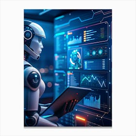 Realistic Rendering Of A Female Robot With A Futuristic Design, Analyzing Data On Large Screens Canvas Print