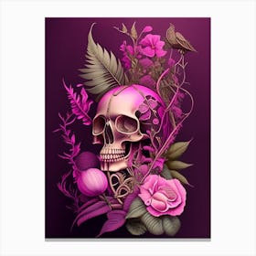 Skull With Steampunk Details 1 Pink Botanical Canvas Print