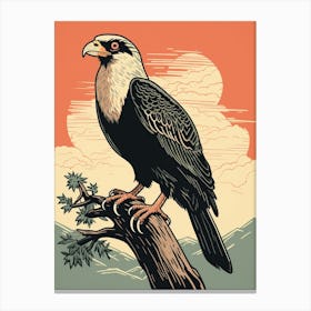 Vintage Bird Linocut Crested Caracara 3 Canvas Print