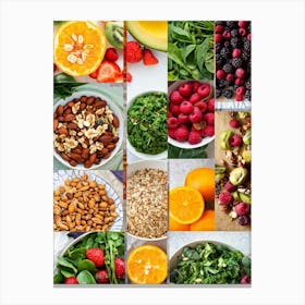 A Collage Of Various Fresh Foods Highlighting Nutritional Balance Vibrant Greens Like Spinach And K (1) Canvas Print