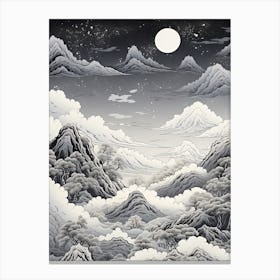 The Japanese Alps In Multiple Prefectures, Ukiyo E Black And White Line Art Drawing 3 Canvas Print