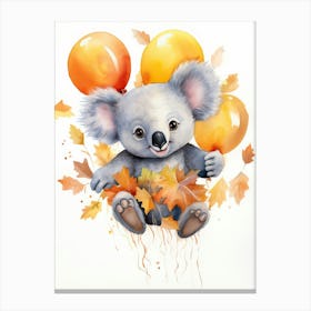 Koala Flying With Autumn Fall Pumpkins And Balloons Watercolour Nursery 2 Canvas Print