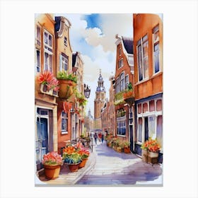 Watercolor Of A Street In Amsterdam Canvas Print