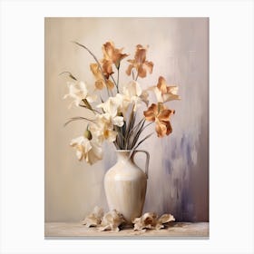 Iris, Autumn Fall Flowers Sitting In A White Vase, Farmhouse Style 2 Canvas Print