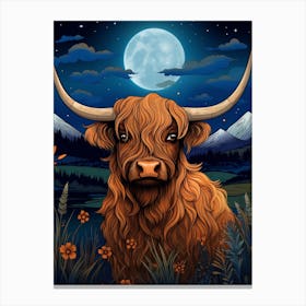 Wavy Line Highland Cow At Night Illustration 3 Canvas Print