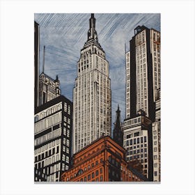 Empire State Building New York City, United States Linocut Illustration Style 3 Canvas Print