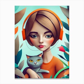 Girl With Headphones And A Cat Canvas Print