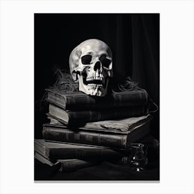 Black And White Photography Of Skull And Books Canvas Print