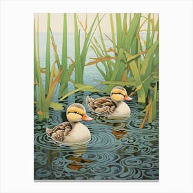 Ducklings With The Water Lilies Japanese Woodblock Style  3 Canvas Print