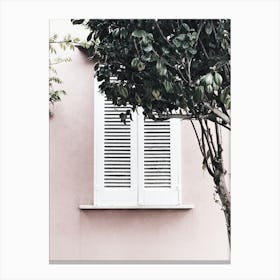 White Shutters On A Pink Wall Canvas Print