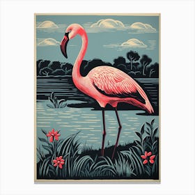 Vintage Bird Linocut Greater Flamingo 2 Canvas Print
