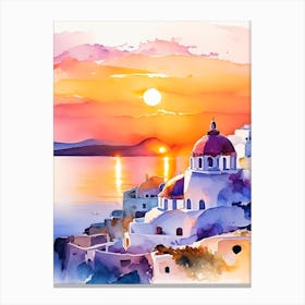 Santorini Greece Water Colour Sunset 4 Canvas Print