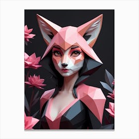 Low Poly Fox Girl,Black And Pink Flowers (29) Canvas Print